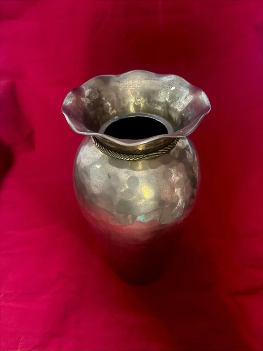 VTG Hammered Brass Vase Rope Twist Accent Wavy Rim Handmade 9